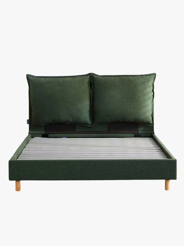 Ecosa Sierra Bed frame with green cushion headboard