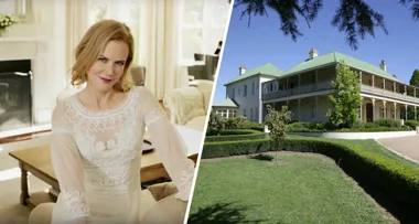 Woman in a white dress indoors on the left, large colonial-style house with green roof outdoors on the right.