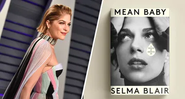 Actress in a colorful dress at an event and cover of her memoir "Mean Baby" by Selma Blair.