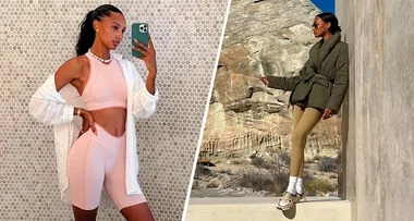 Left image: woman taking mirror selfie in pink activewear. Right image: same woman poses outdoors in khaki jacket and beige pants.