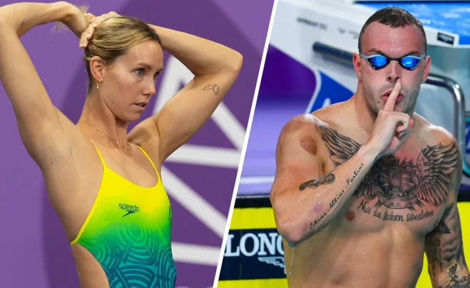 A female swimmer adjusts her swim cap, and a male swimmer with tattoos gestures for silence.