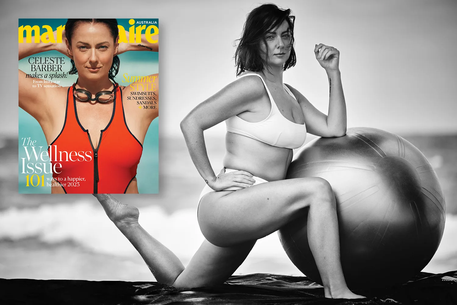 "Celeste Barber on Marie Claire cover in a red swimsuit and posing on the beach in a white bikini with an exercise ball"