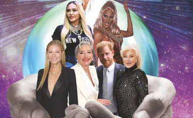 A collage of celebrities in front of a colorful galaxy-like background, featuring five people in glamorous outfits.