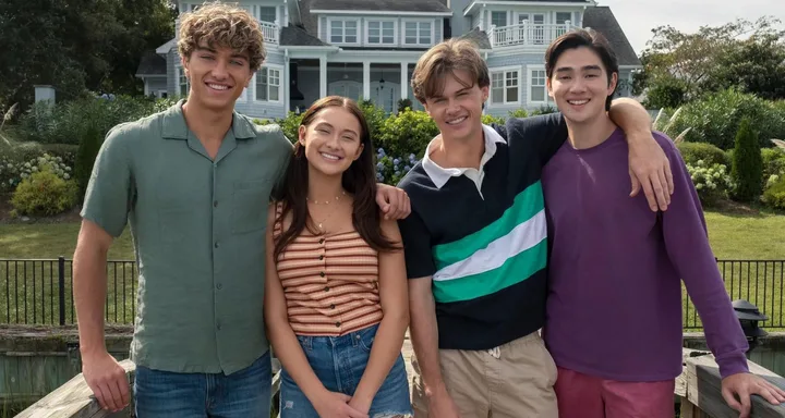 Four young people smiling, standing together against a backdrop of a large house and garden.