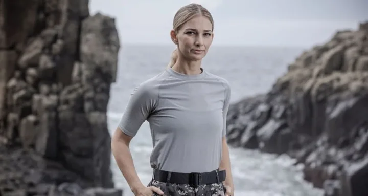 A person in military attire stands with hands on hips near rocky cliffs by the sea.