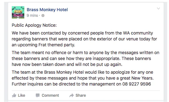 Brass Monkey apology