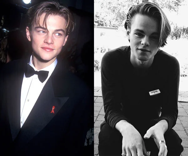 Two side-by-side images of a young man: one in a tuxedo with a red ribbon, one in casual black attire.