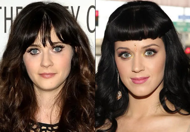Two women with similar dark hair and blue eyes side by side, one with softer makeup, the other with bold eyeliner and a bindi.