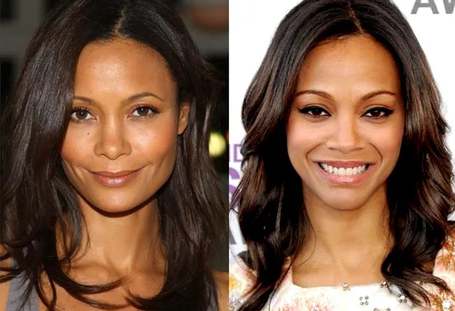 Two women with similar features, both with long dark hair, smiling; close-up portraits side by side.