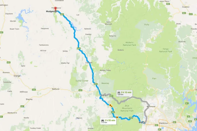 Blue Mountains to Mudgee map