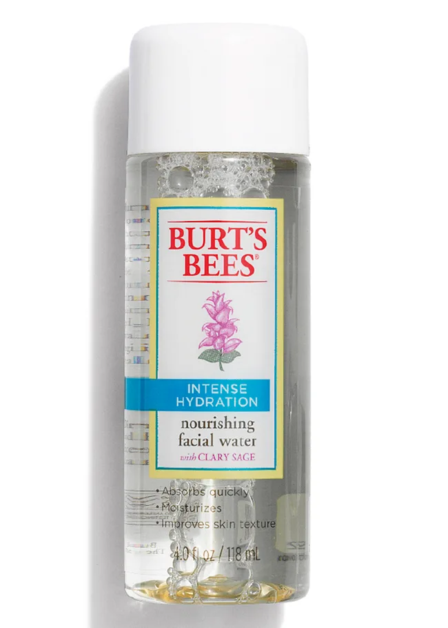 Burt's Bees Intense Hydration Nourishing Facial Water with Clary Sage in a clear bottle, 4 fl oz.