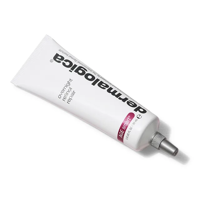 Tube of Dermalogica Overnight Retinol Repair with silver cap on white background.