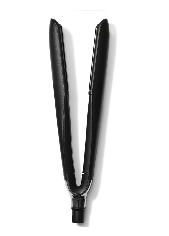 A black hair straightener with a sleek, modern design, viewed from above against a white background.