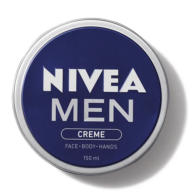 Nivea Men Creme tin, 150 ml, for face, body, and hands, with blue and silver packaging.