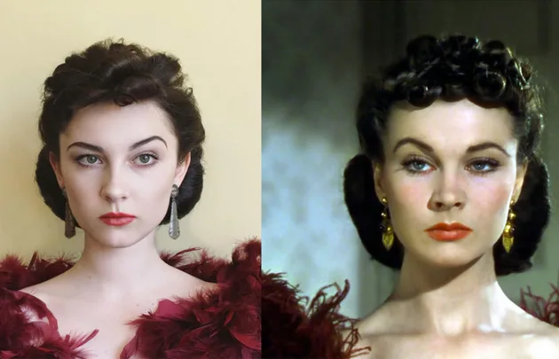 Two women with vintage hairstyles and red feather outfits, one in modern recreation and another in an older film style.