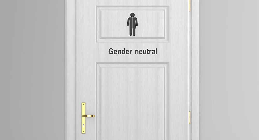 Gender-neutral restroom door with symbol and black text on a white background.