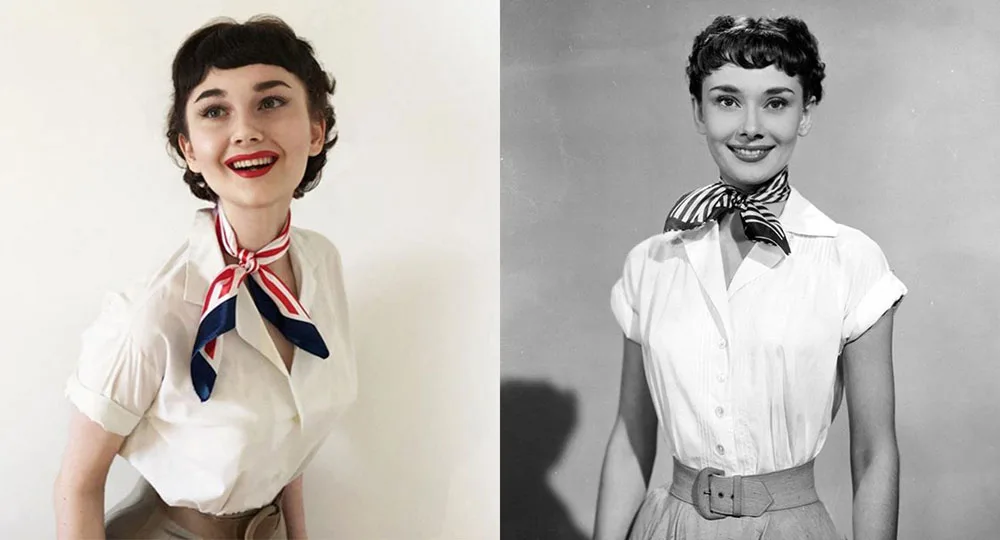 Two women with short dark hair, wearing white blouses and neck scarves, side by side, smiling at the camera.