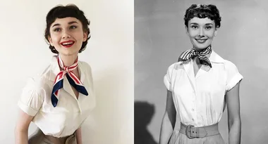 Two women with short dark hair, wearing white blouses and neck scarves, side by side, smiling at the camera.