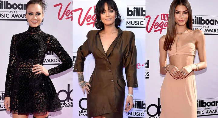 Three individuals posing in glamorous outfits at the 2016 Billboard Music Awards.