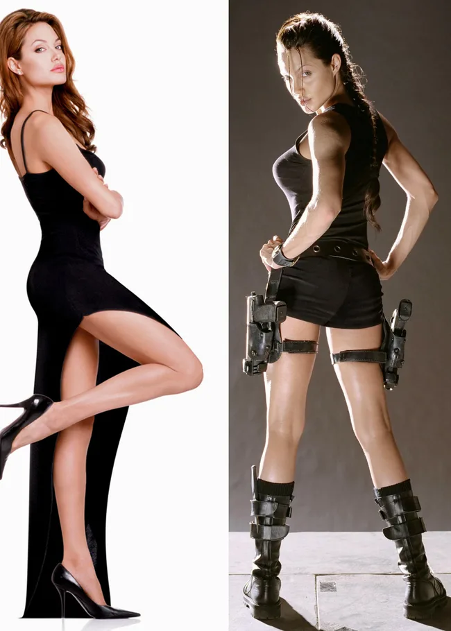 Two images of a woman in black outfits; left in a dress, right in adventure gear with holsters.