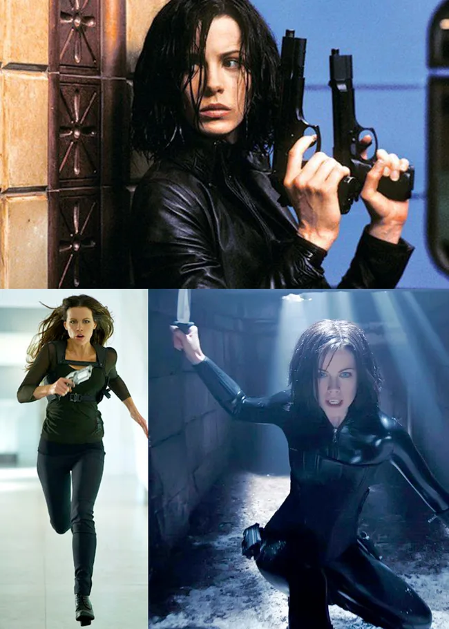Woman in black leather action scenes, holding guns and a knife, from "Underworld" series.