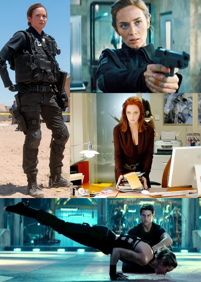 Collage of a woman in tactical gear, aiming a gun, at a desk, and doing push-ups assisted by a man in a gym.
