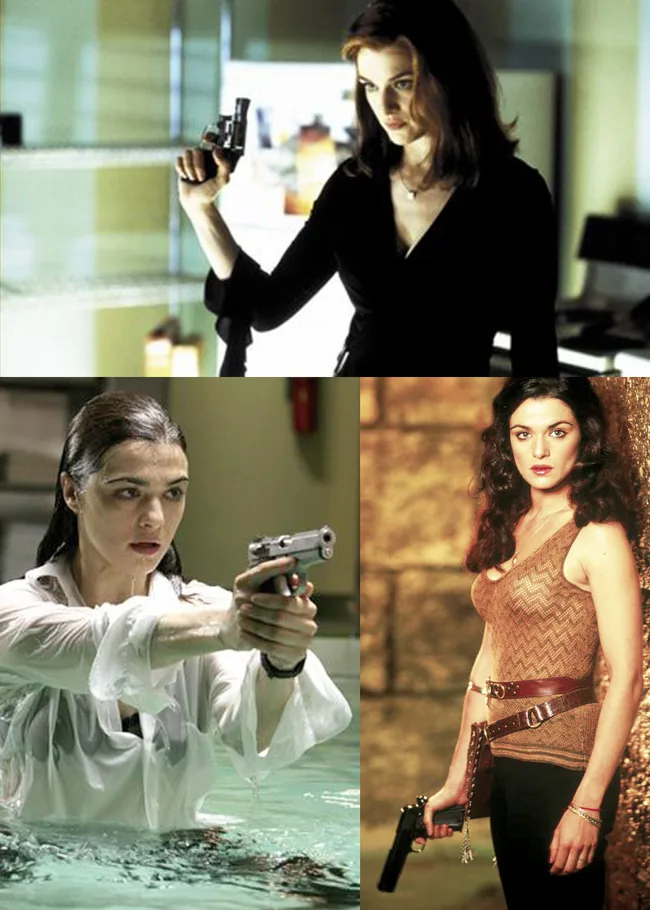 Actress in three action movie scenes, holds pistols, appears determined and focused.