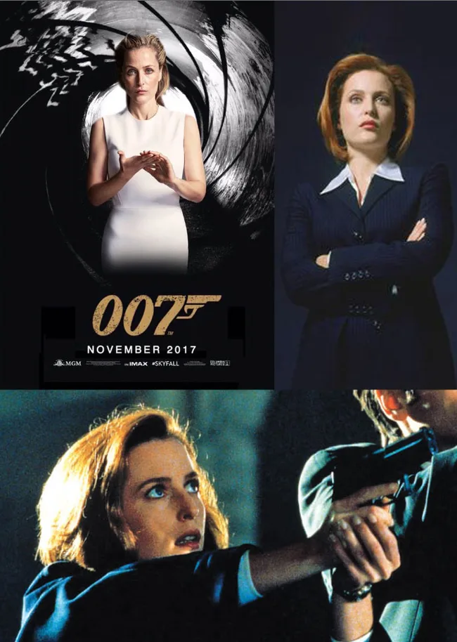 Poster with a woman posing in front of the 007 logo, wearing white; below, same woman aiming a gun.