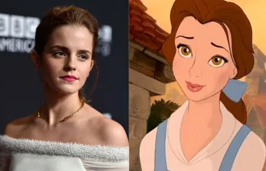 Two side-by-side images: a woman in formal attire on the left, and an animated character with brown hair on the right.
