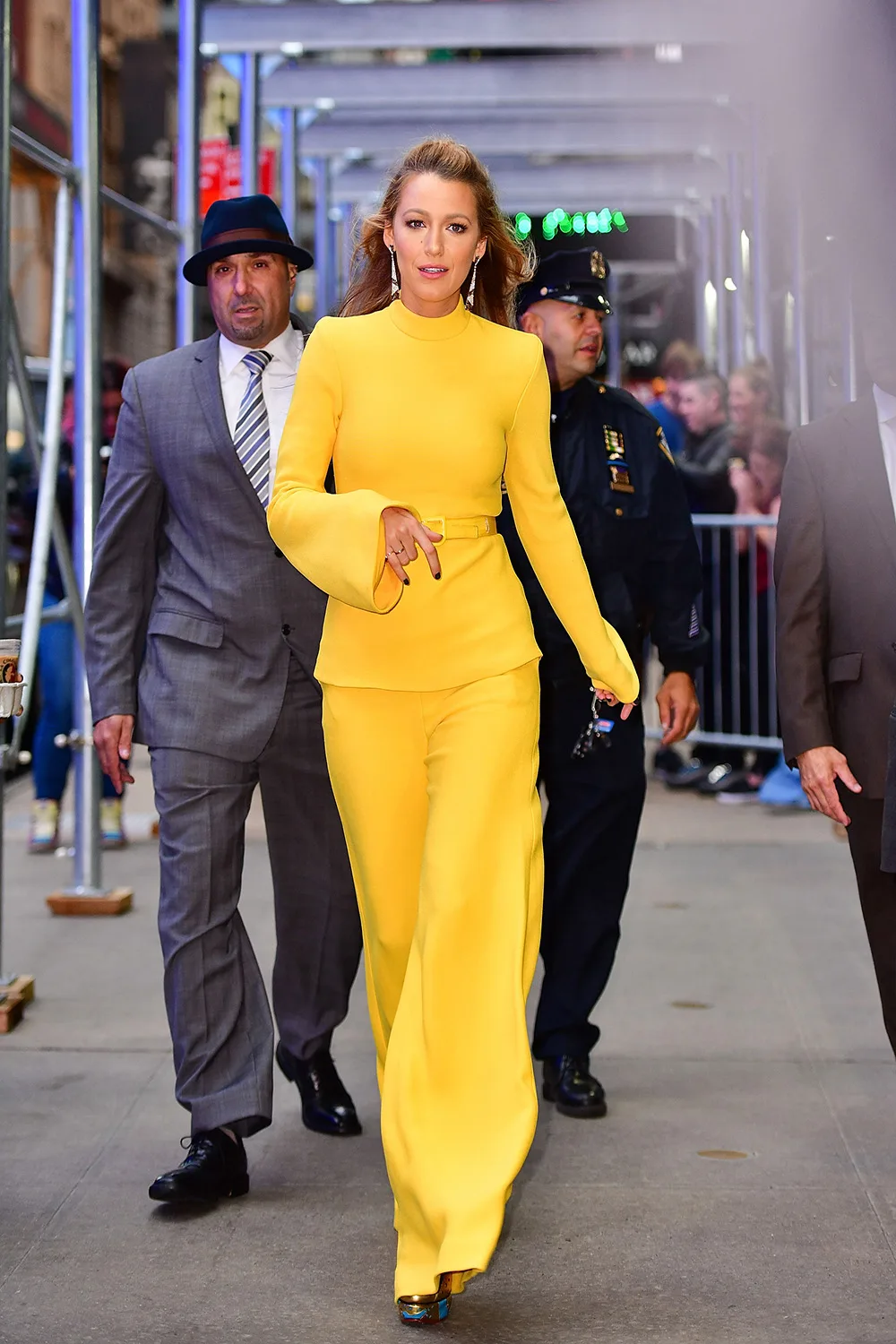 Lively on her October 2017 press tour for ‘All I See Is You’, wearing a bright yellow Brandon Maxwell look. 