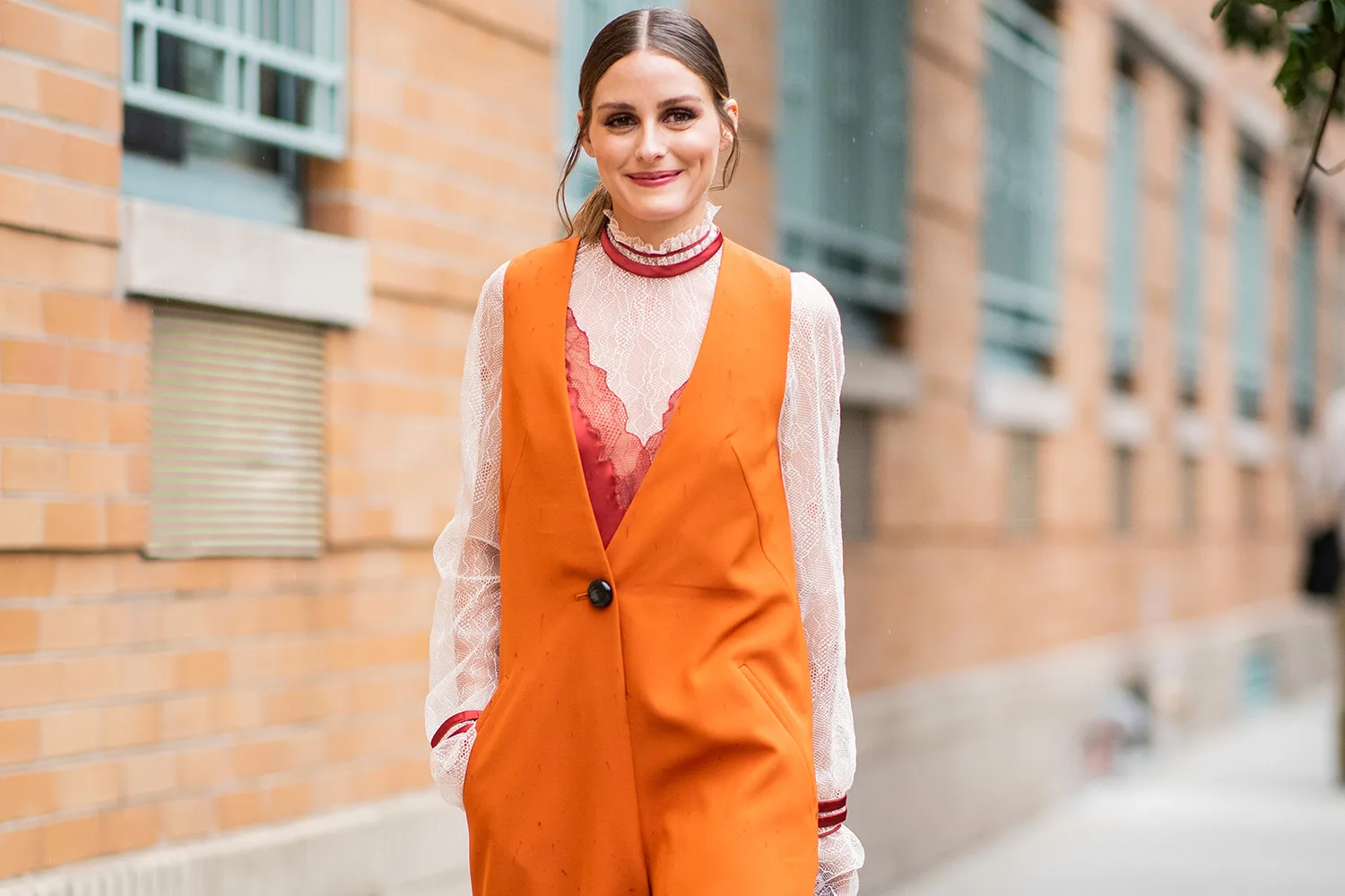 olivia palermo orange dress Olivia Palermo Wearing an Orange Suit Dress, Pink Fall Jacket and Yellow Handbag