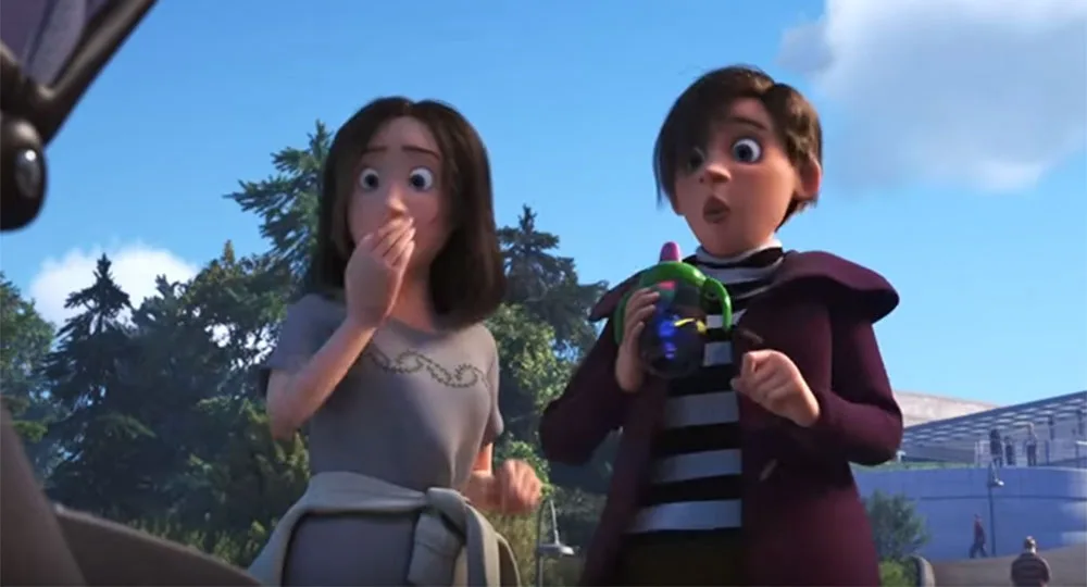 Two animated characters looking surprised and shocked, set outdoors with trees and a building in the background.