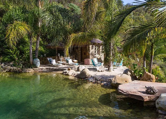 Secluded tropical retreat with lush greenery, stone patio, and lounge chairs near a clear water pond.
