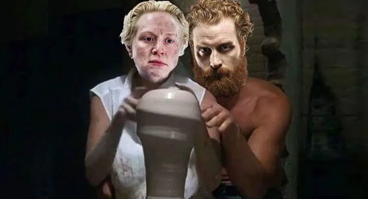 A humorous edit of two characters from "Game of Thrones" recreating the pottery scene from "Ghost."