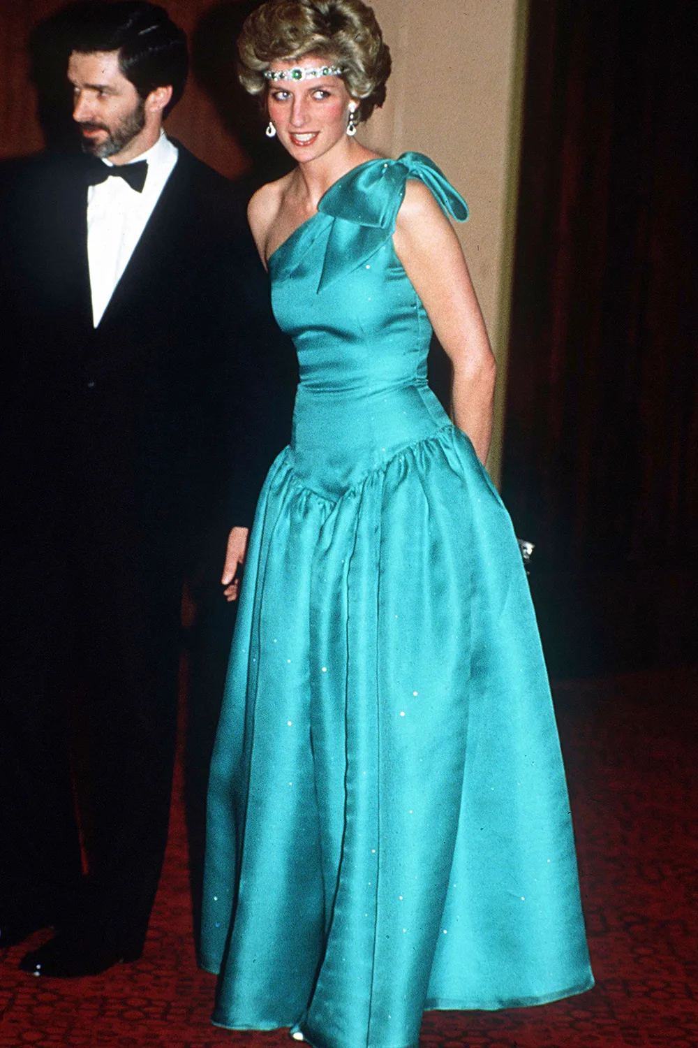 princess diana blue drop waist gown and emerald head piece