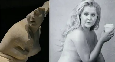 A side-by-side image of a broken ancient statue and a woman holding a cup, mimicking the statue's pose.