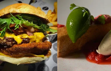 Burger with fries on left, gourmet dessert with green garnish on right.