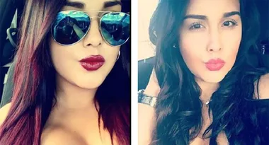 Two women taking selfies in a car, both with long hair and red lipstick; one wears sunglasses.