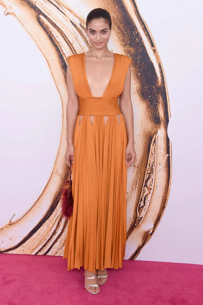 Model in an orange gown with a deep V-neck, standing on a pink carpet, in front of an abstract background.