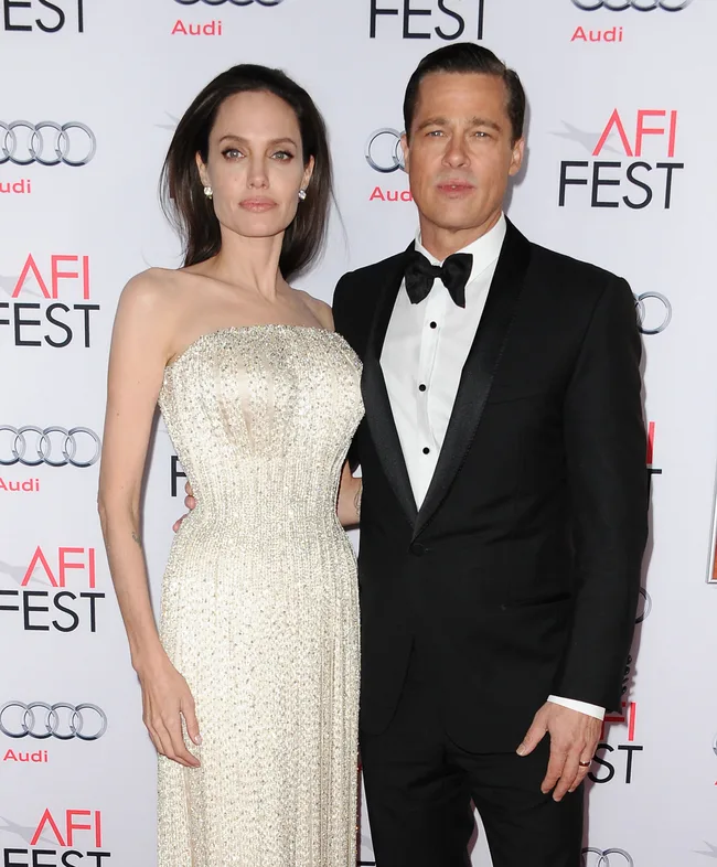"Two individuals pose together on a red carpet at an AFI event, dressed elegantly in a tuxedo and a sequined gown."