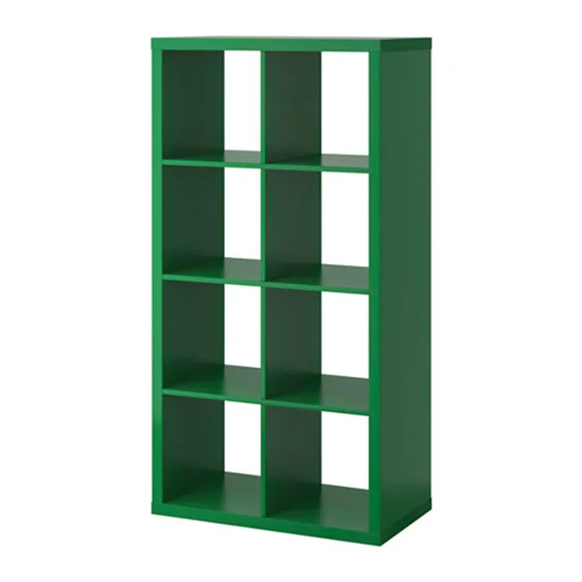 Green nine-cube shelf unit with three rows and columns for storage or display.