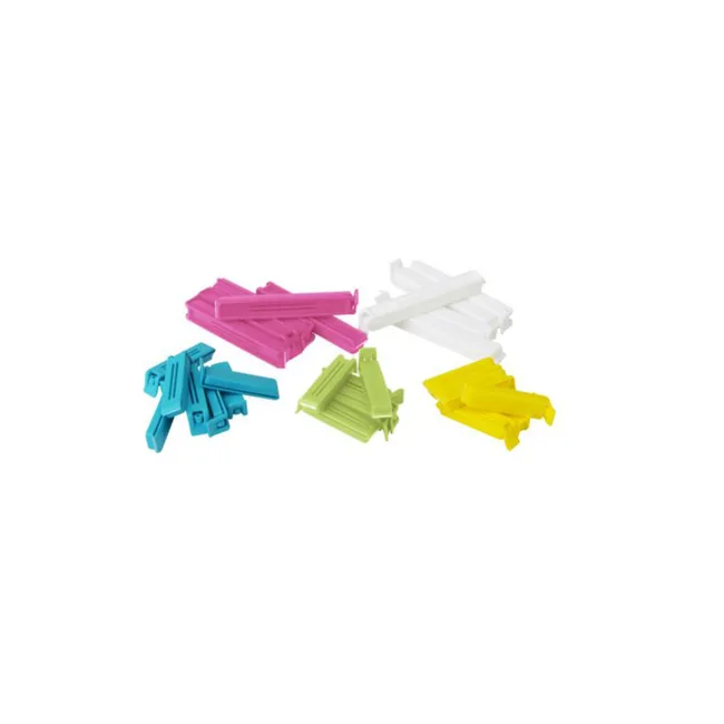 Colorful plastic bag clips in pink, blue, green, white, and yellow on a white background.