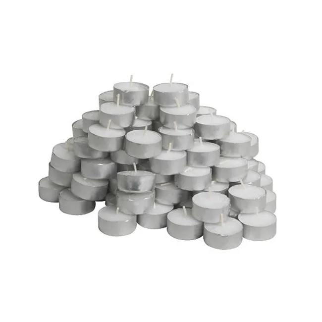 A pile of silver-colored tealight candles stacked together.