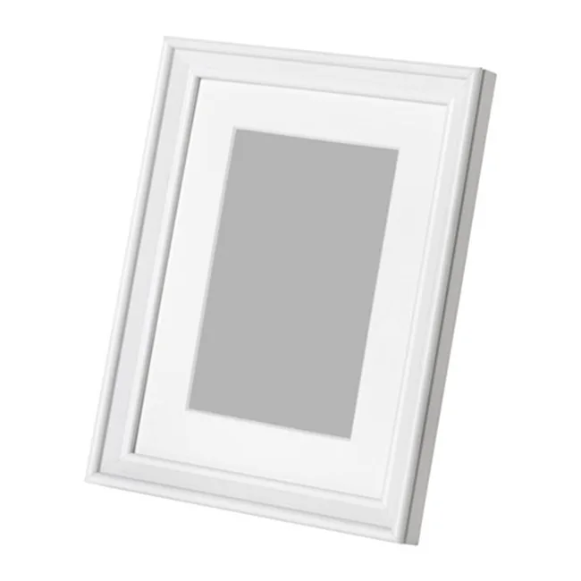 White picture frame with a standing back support, angled left, on a plain background.