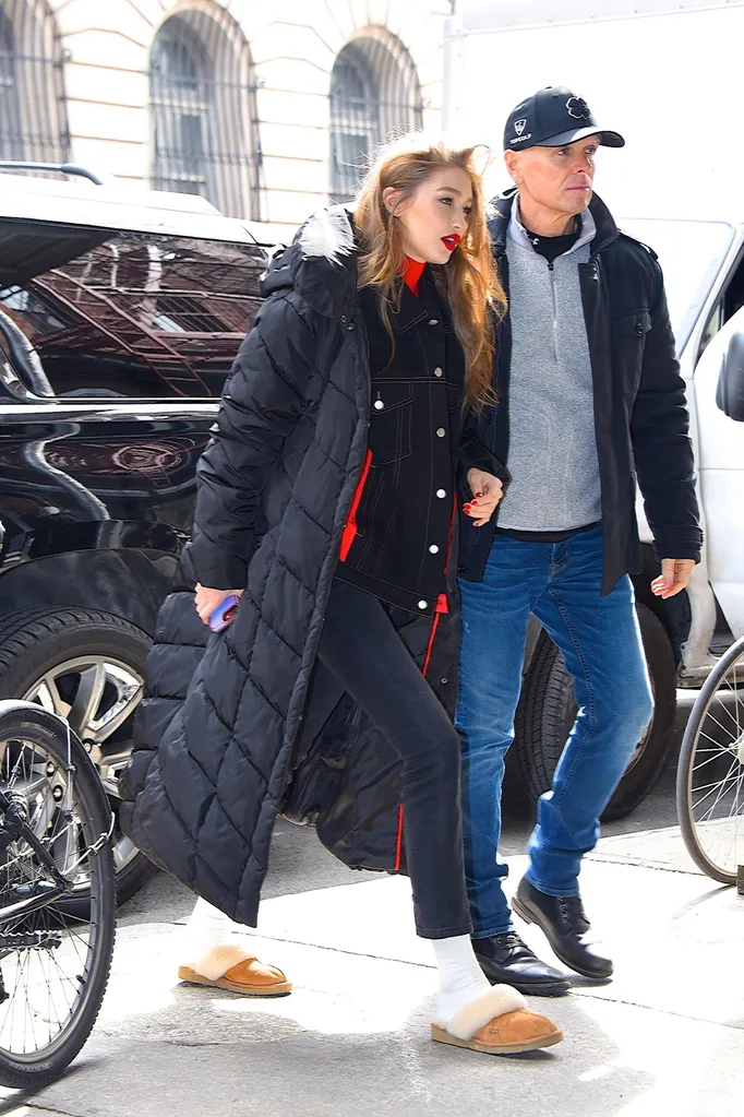 Gigi Hadid wearing slippers in New York