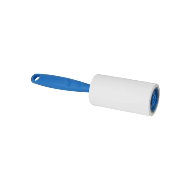 Lint roller with blue handle and white adhesive roll, isolated on a white background.