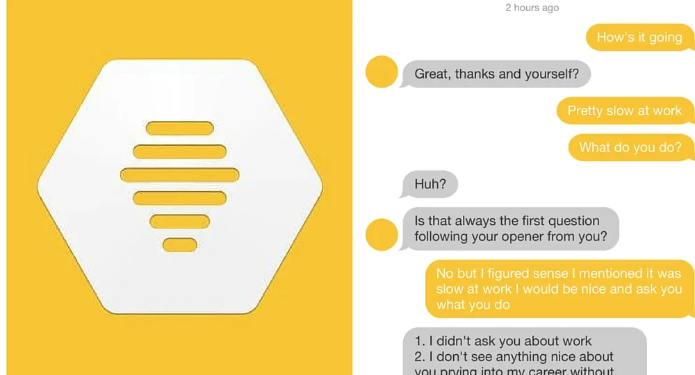 Chat interface with hexagonal logo on left; text exchange on right about work conversation.