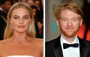 Portraits of a woman with long blonde hair in a white dress and a man with red hair and beard in a tuxedo.