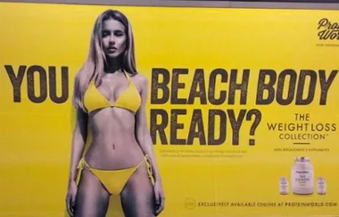 "Ad featuring woman in yellow bikini with text 'Are You Beach Body Ready?' promoting weight loss products."