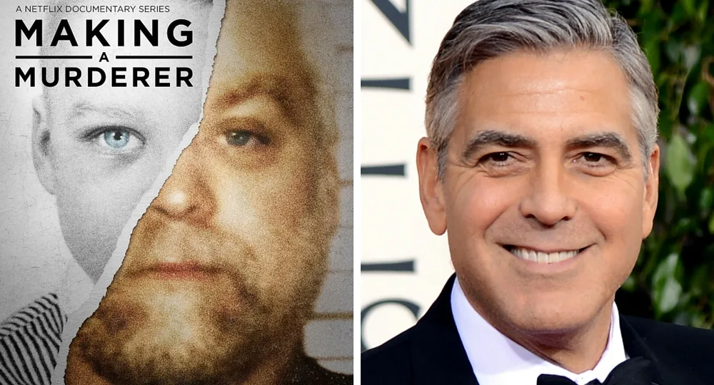 Split image: left side shows "Making a Murderer" poster, right side shows a smiling man in a suit.